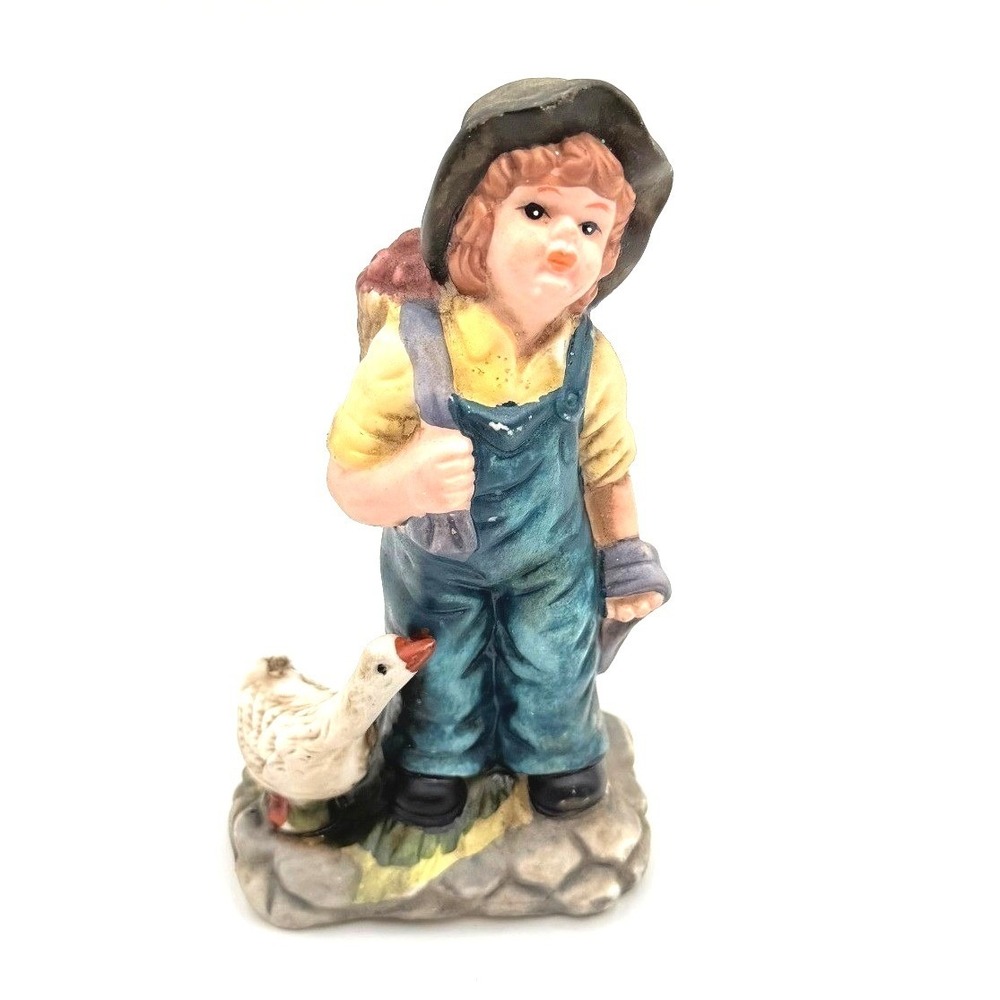 Vintage Boy Girl with Goose Figurine Farm Country Scene Ceramic Porcelain‎